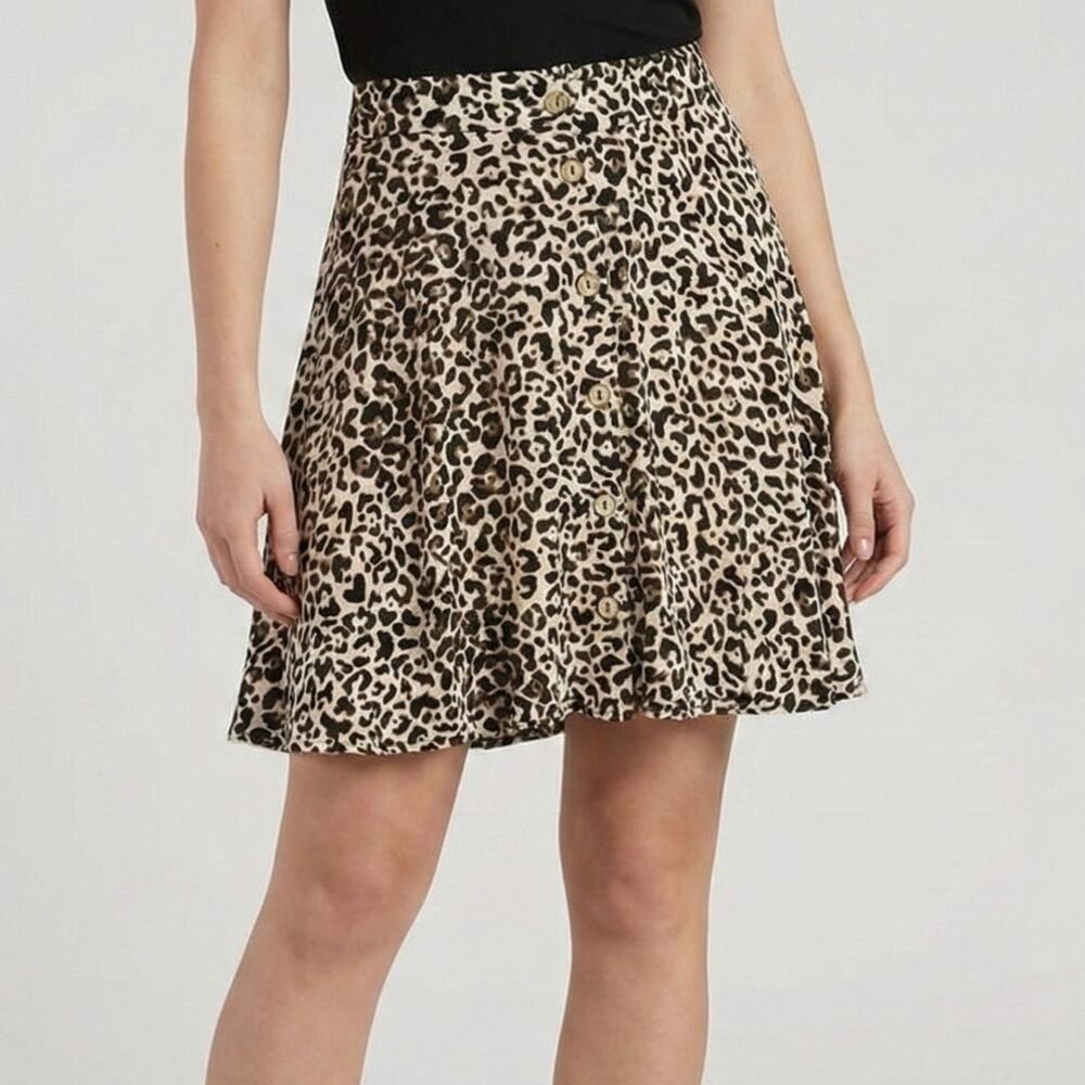 Maurices S Rayon Skater Skirt Cheetah Animal Print Black Brown Button Front